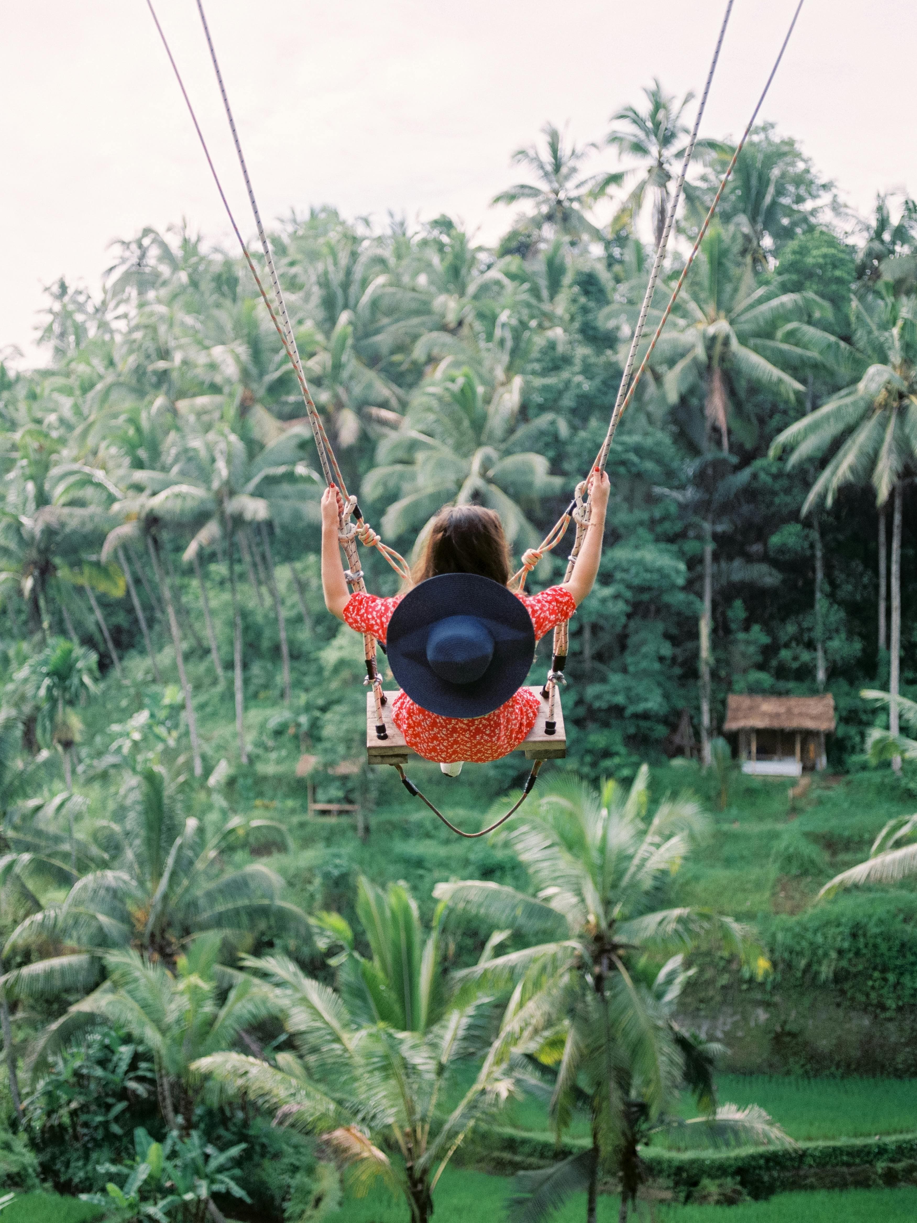 Experience the thrill of swinging high above beautiful jungle valleys and rice field views.