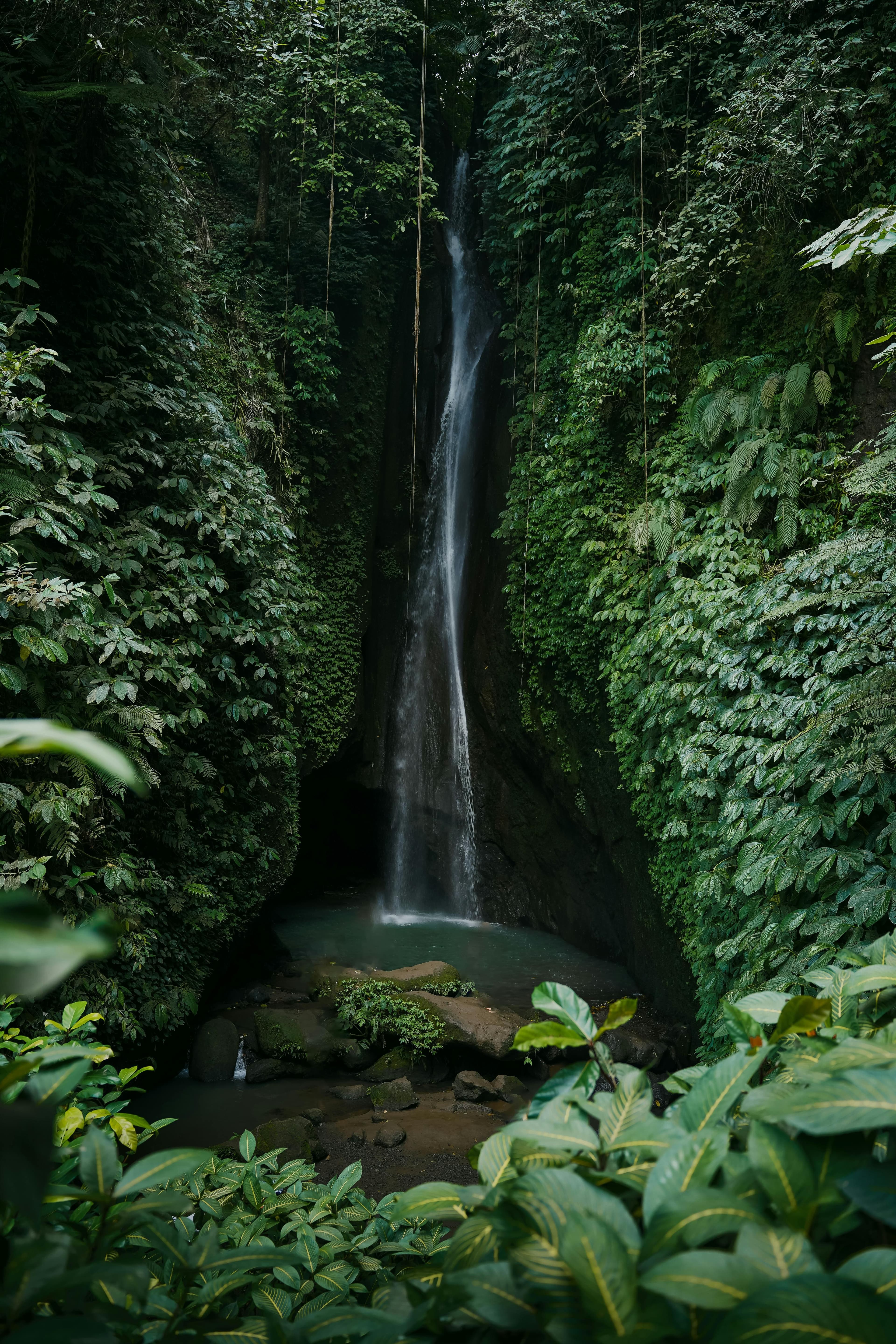 A hidden gem waterfall tucked inside lush tropical jungle